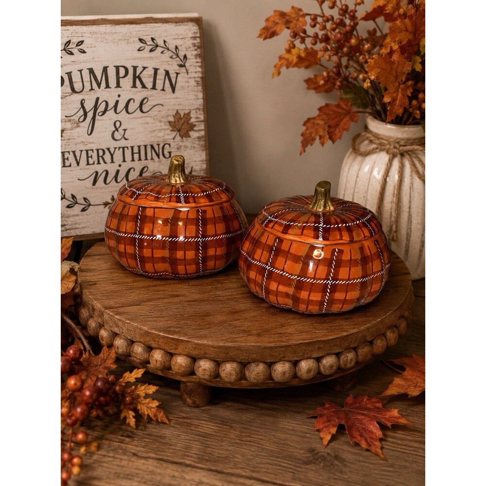 New QVC Ceramic 20oz Plaid Pumpkin Serving Bowls - LOT OF 2